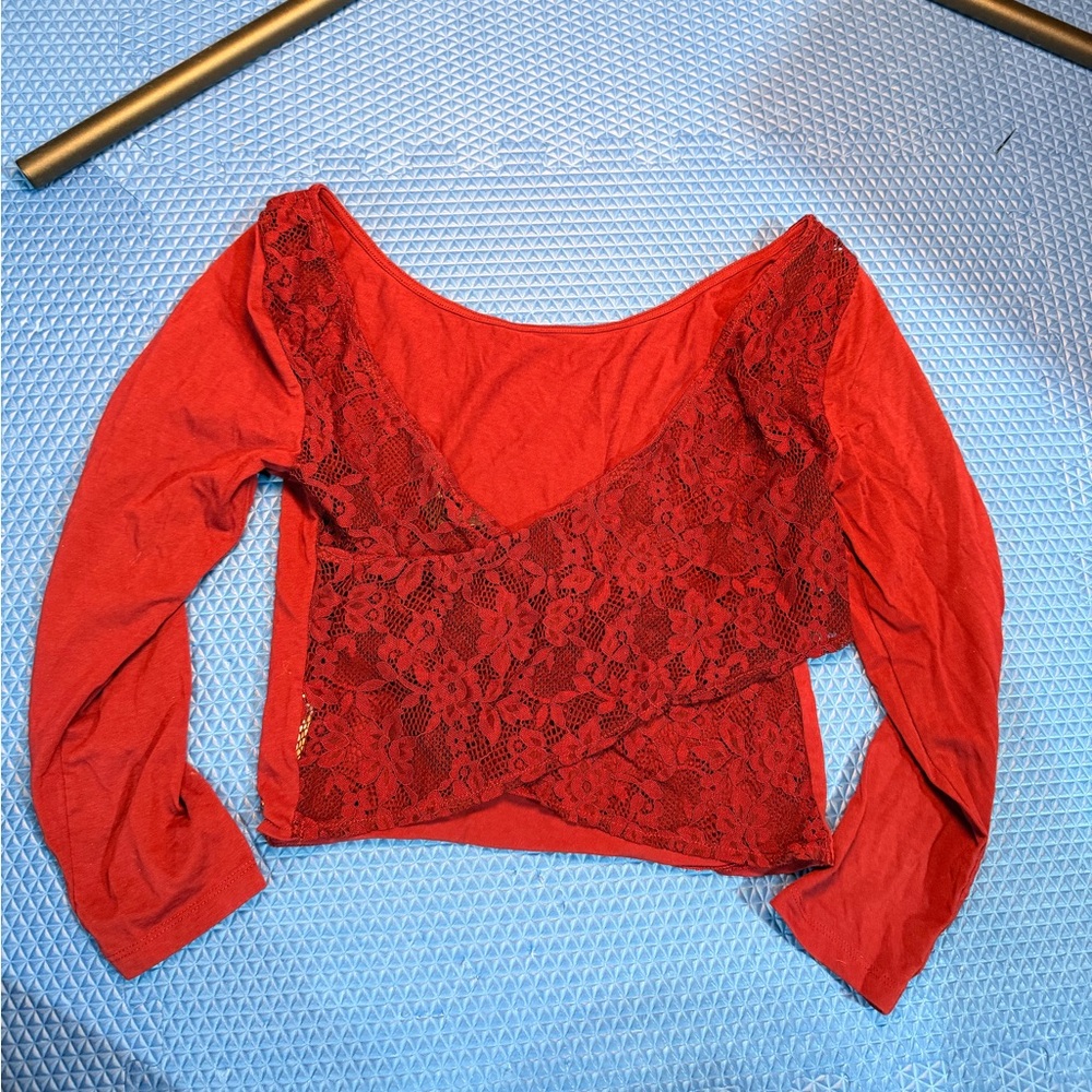 Red Lace Crop Long-Sleeve Top